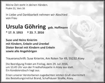 Traueranzeige von Urusla Göhring von Trauerportal Rhein Main Presse