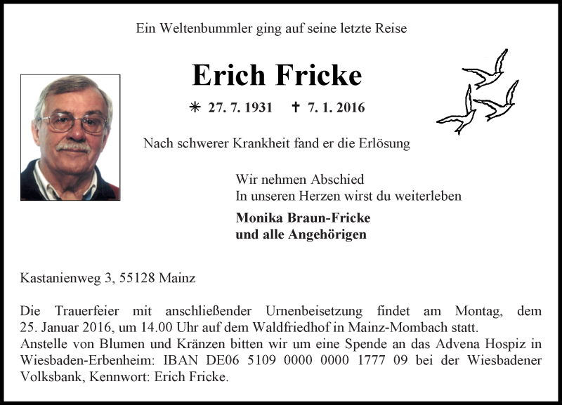  Traueranzeige für Erich Fricke vom 16.01.2016 aus  Allgemeine  Zeitung Ingelheim-Bingen