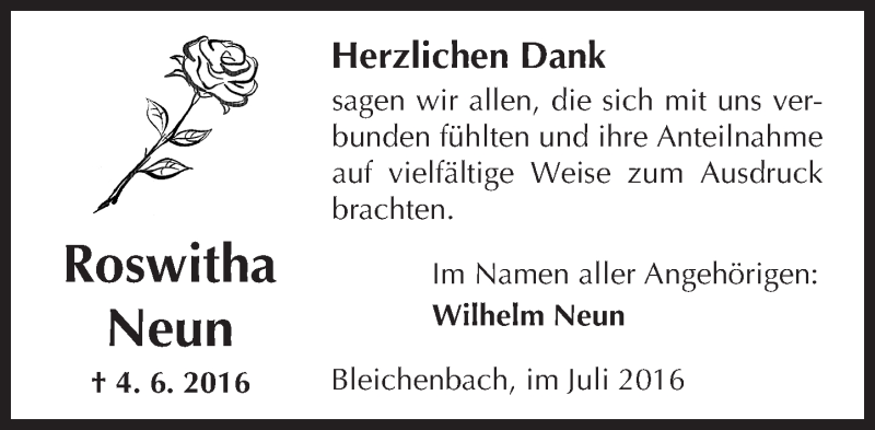  Traueranzeige für Roswitha Neun vom 16.07.2016 aus  Kreisanzeiger