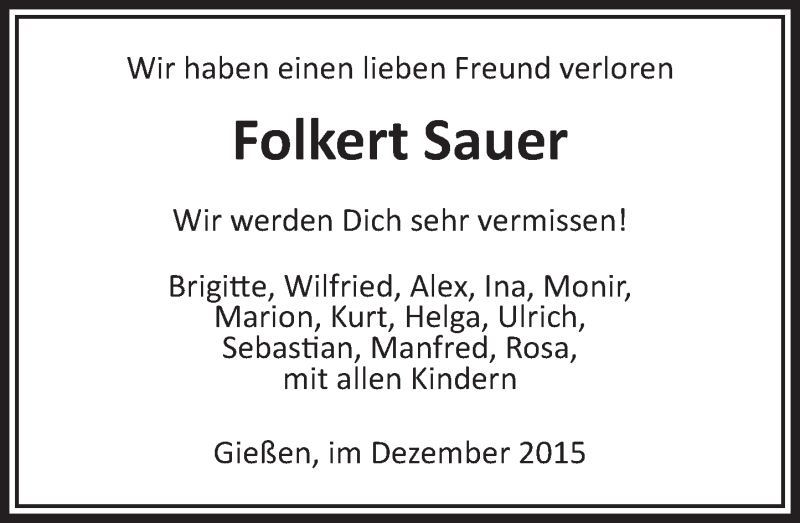  Traueranzeige für Folkert Sauer vom 09.12.2015 aus  Gießener Anzeiger