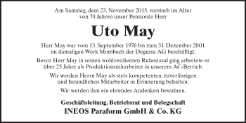 Traueranzeige von Uto May von  Allgemeine  Zeitung Ingelheim-Bingen
