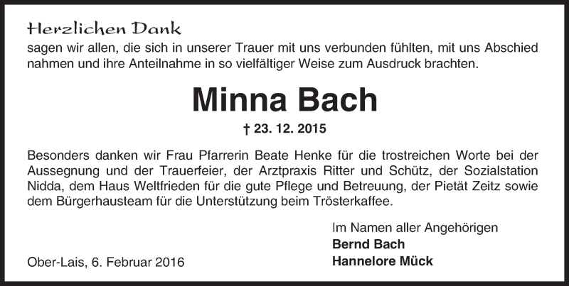  Traueranzeige für Minna Bach vom 06.02.2016 aus  Sonntags Anzeiger