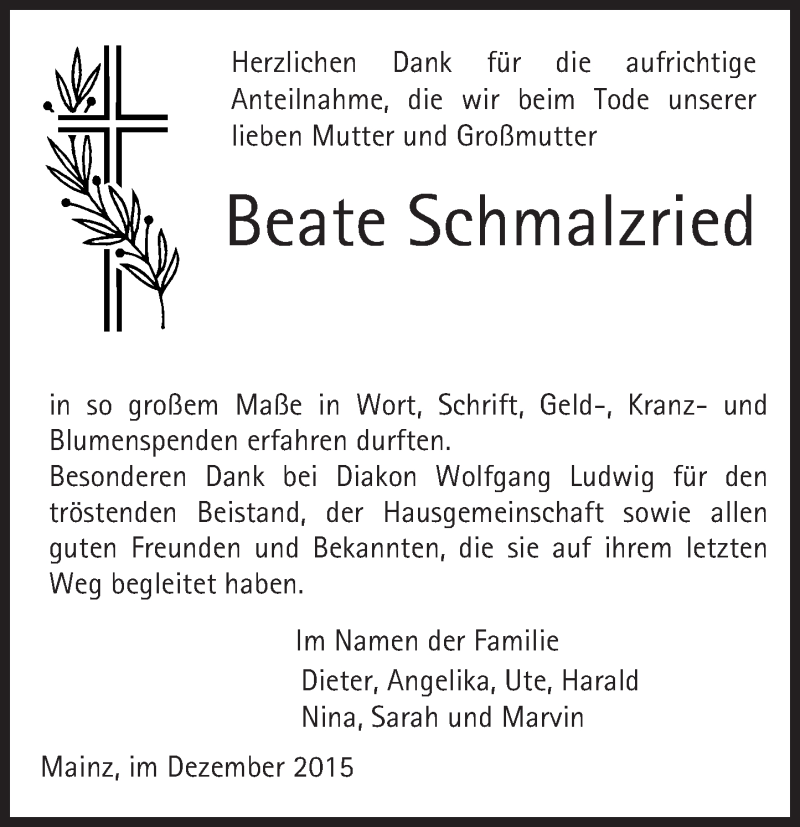  Traueranzeige für Beate Schmalzried vom 02.01.2016 aus  Allgemeine Zeitung Mainz