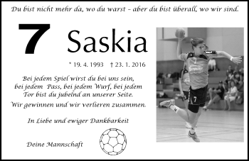 Traueranzeige von Saskia Schnarr von  Kreisanzeiger