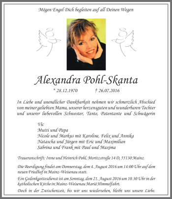 Traueranzeige von Alexandra Pohl-Skanta von Trauerportal Rhein Main Presse