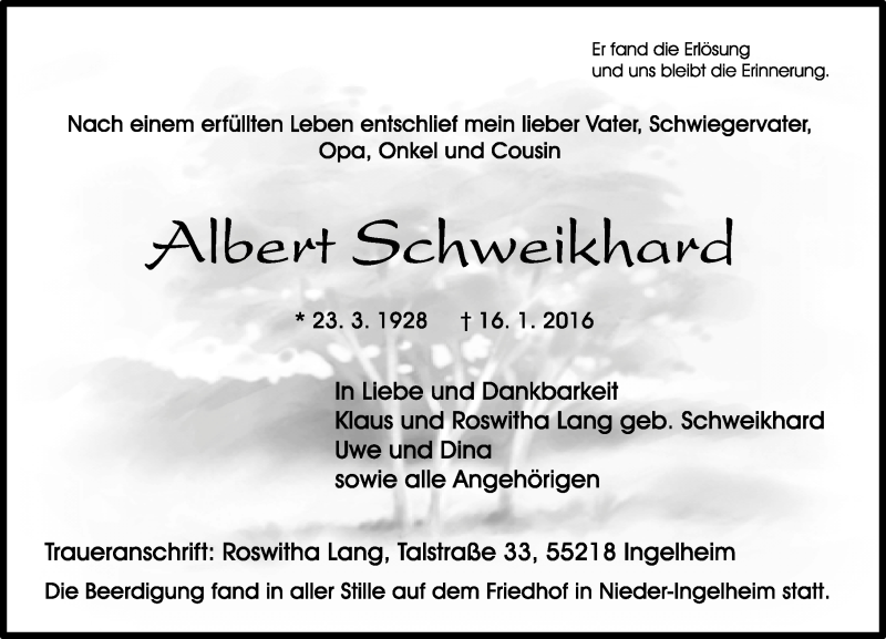  Traueranzeige für Albert Schweikhard vom 23.01.2016 aus  Allgemeine  Zeitung Ingelheim-Bingen