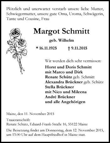 Traueranzeige von Margot Schmitt von  Allgemeine Zeitung Mainz