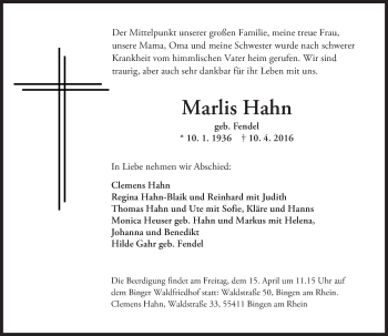 Traueranzeige von Marlis Hahn von  Allgemeine  Zeitung Ingelheim-Bingen