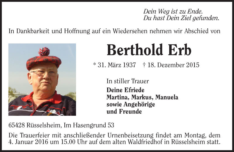  Traueranzeige für Berthold Erb vom 30.12.2015 aus  Mainspitze