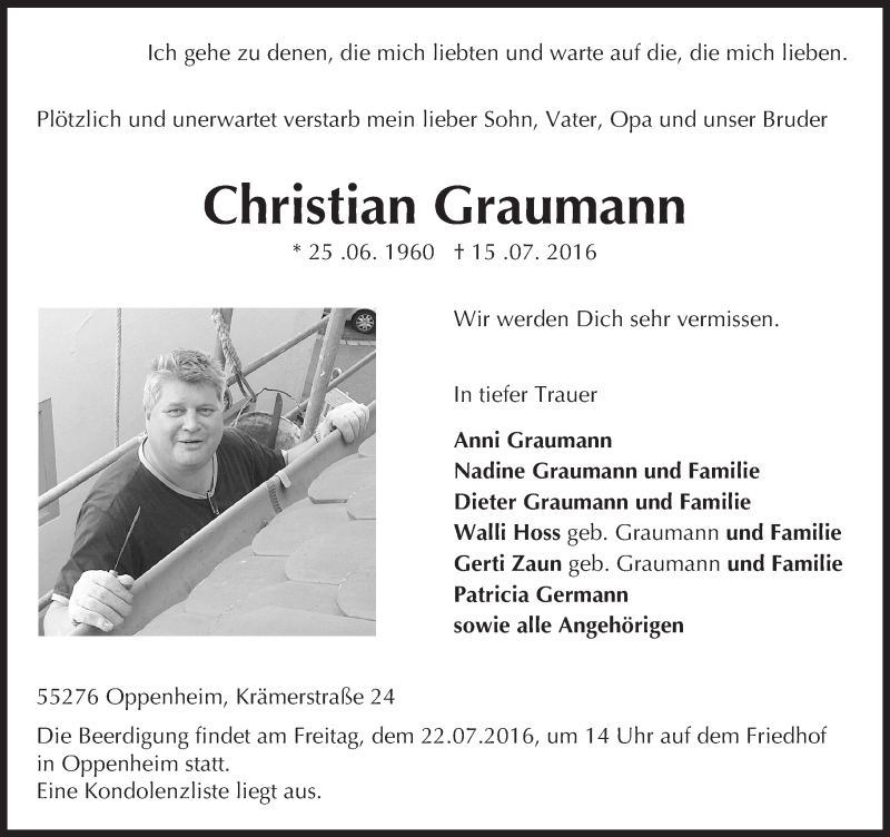  Traueranzeige für Christian Graumann vom 20.07.2016 aus Trauerportal Rhein Main Presse