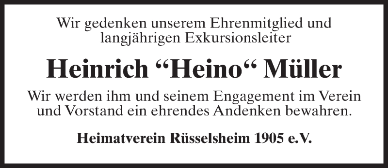 Traueranzeige für Heinrich Müller vom 19.01.2016 aus trauer.rmp.de
