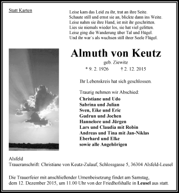 Traueranzeige von Almuth von Keutz von VRM Trauer