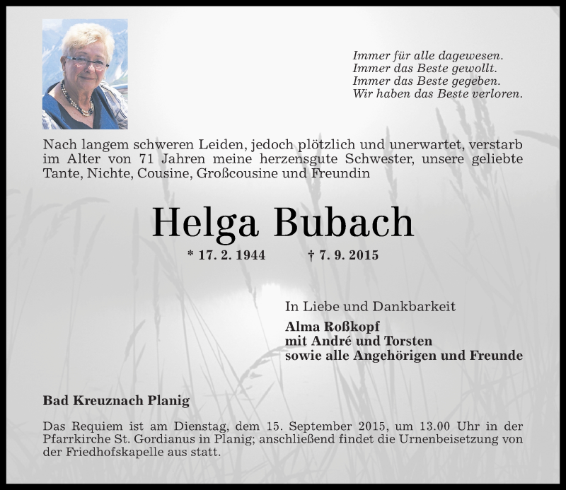  Traueranzeige für Helga Bubach vom 11.09.2015 aus  Bad Kreuznach