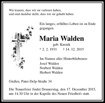 Traueranzeige von Maria Walden von  Gießener Anzeiger