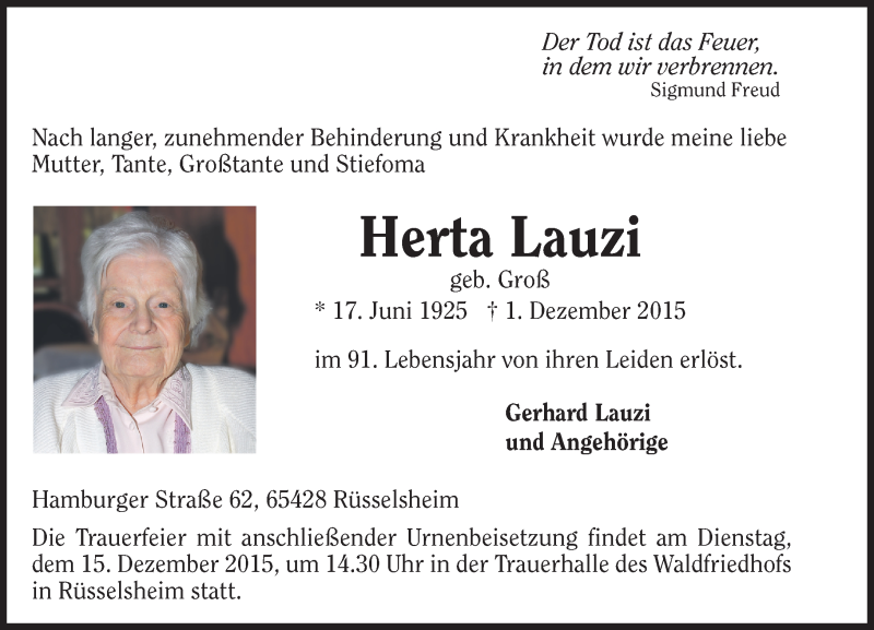  Traueranzeige für Herta Lauzi vom 05.12.2015 aus  Mainspitze