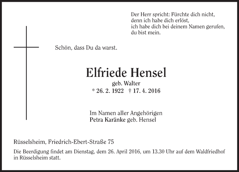  Traueranzeige für Elfriede Hensel vom 20.04.2016 aus trauer.echo-online.de