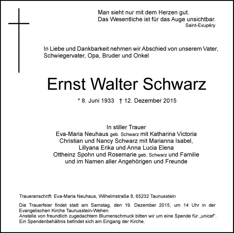  Traueranzeige für Ernst Walter Schwarz vom 16.12.2015 aus  Wiesbaden komplett