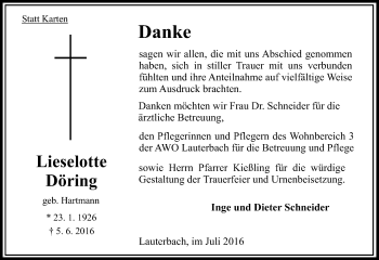 Traueranzeige von Lieselotte Döring von  OK Oberhessen Kurier