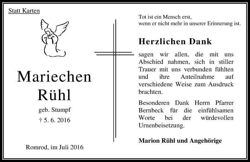  Traueranzeige für Mariechen Rühl vom 30.07.2016 aus  OK Oberhessen Kurier