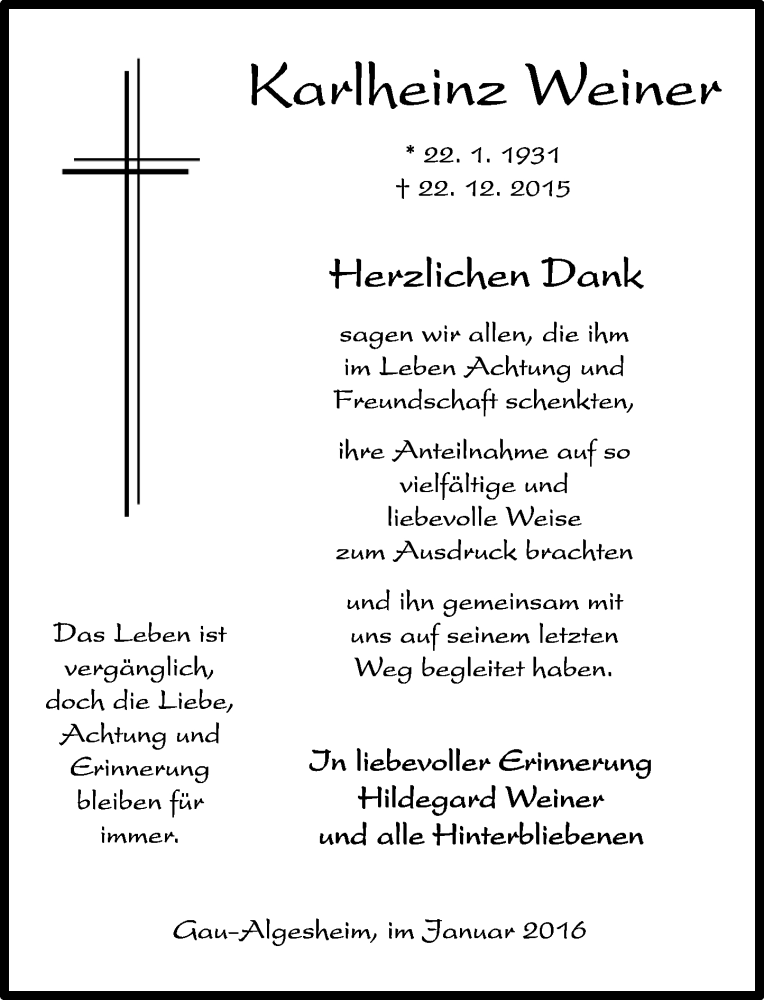  Traueranzeige für Karlheinz Weiner vom 23.01.2016 aus  Allgemeine  Zeitung Ingelheim-Bingen