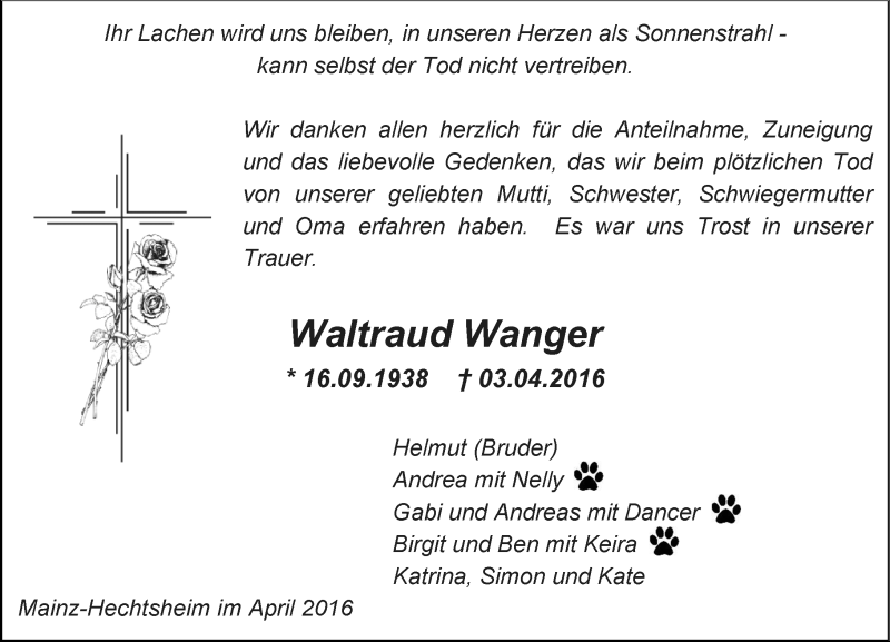  Traueranzeige für Waltraud Wanger vom 23.04.2016 aus  Allgemeine Zeitung Mainz