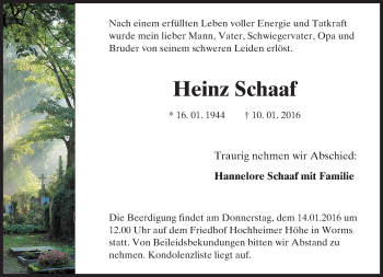 Traueranzeige von Heinz Schaaf von  Wormser Zeitung
