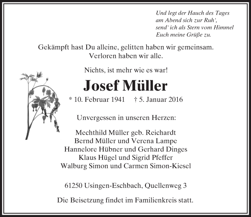  Traueranzeige für Josef Müller vom 08.01.2016 aus  Usinger Anzeiger