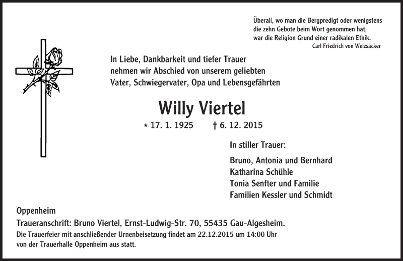  Traueranzeige für Willy Viertel vom 15.12.2015 aus  Landskrone
