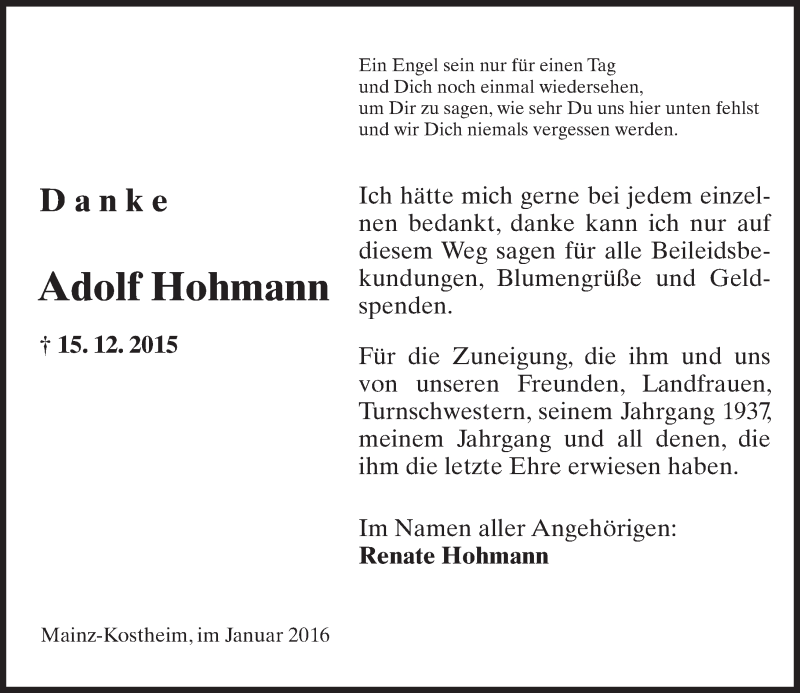  Traueranzeige für Adolf Hohmann vom 16.01.2016 aus  Allgemeine Zeitung Mainz