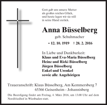 Traueranzeige von Anna Büsselberg von  Wiesbaden komplett