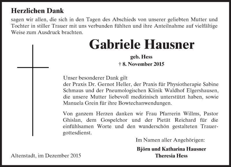  Traueranzeige für Gabriele Hausner vom 12.12.2015 aus  Sonntags Anzeiger