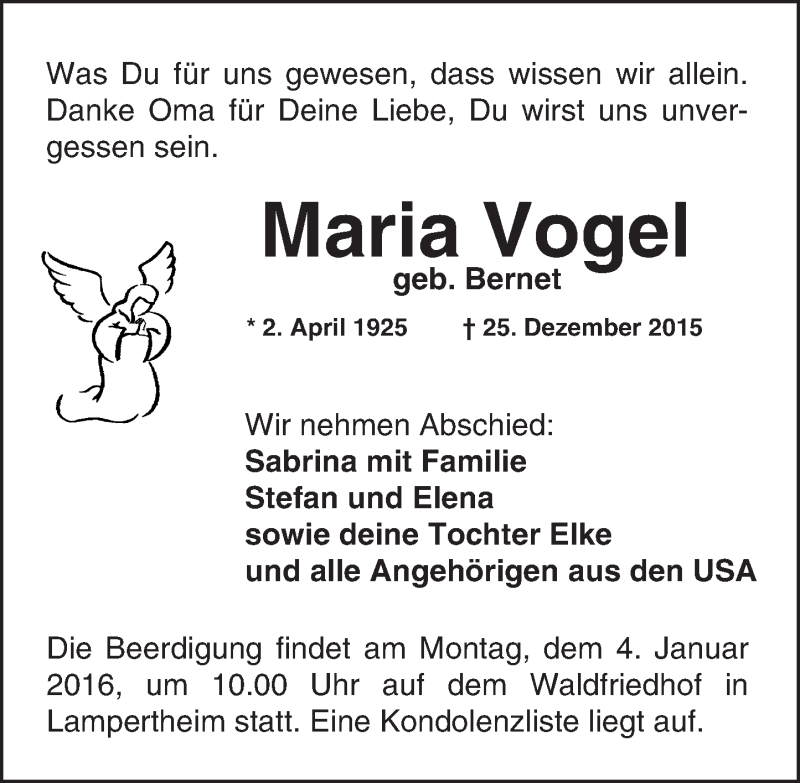  Traueranzeige für Maria Vogel vom 31.12.2015 aus  Bürstädter Zeitung