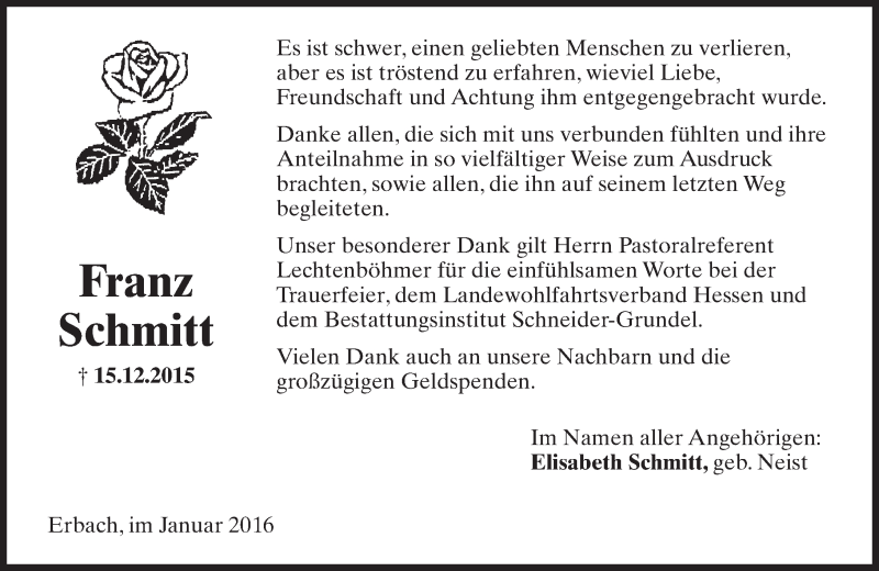  Traueranzeige für Franz Schmitt vom 09.01.2016 aus  Wiesbaden komplett