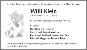 Traueranzeige von Willi Klein von  Mainspitze