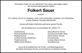 Traueranzeige von Folkert Sauer von  Gießener Anzeiger