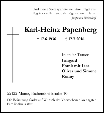 Traueranzeige von Karl-Heinz Papenberg von Trauerportal Rhein Main Presse