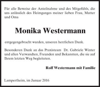 Traueranzeige von Monika Westermann von  Bürstädter Zeitung