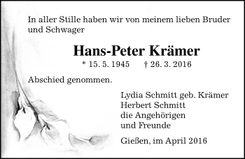 Traueranzeige von Hans-Peter Krämer von  Gießener Anzeiger