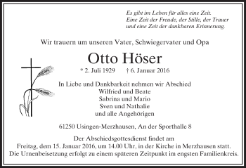 Traueranzeige von Otto Höser von  Usinger Anzeiger