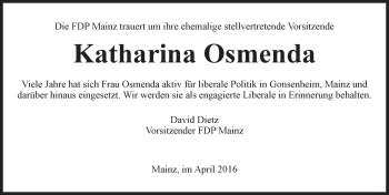 Traueranzeige von Katharina Osmenda von trauer.rmp.de