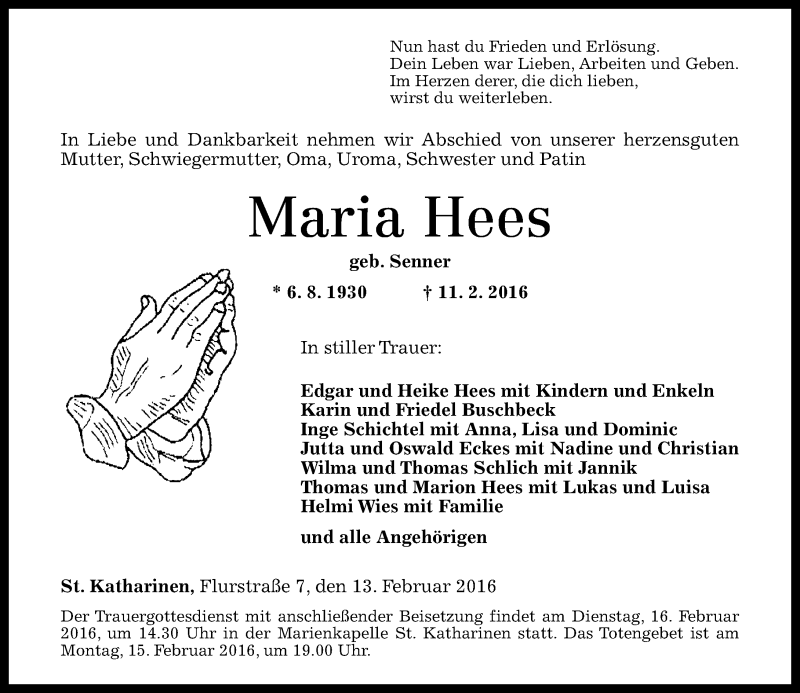  Traueranzeige für Maria Hees vom 13.02.2016 aus  Allg. Zeitung Bad Kreuznach