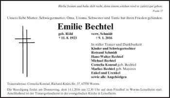 Traueranzeige von Emilie Bechtel von  Wormser Zeitung