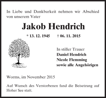 Traueranzeige von Jakob Hendrich von  Wormser Zeitung