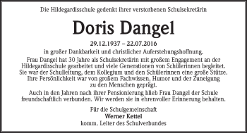Traueranzeige von Doris Dangel von Trauerportal Rhein Main Presse