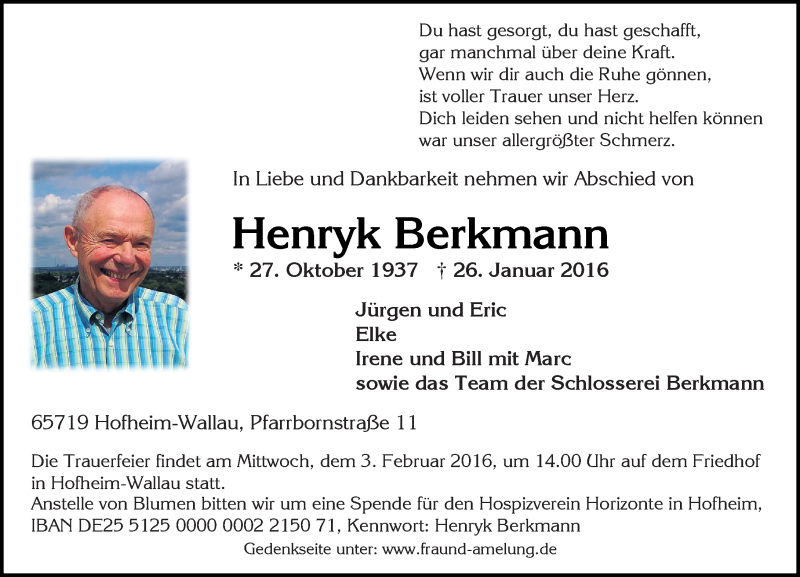  Traueranzeige für Henryk Berkmann vom 30.01.2016 aus  Wiesbaden komplett