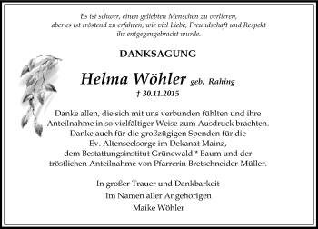 Traueranzeige von Helma Wöhler von  Allgemeine Zeitung Mainz