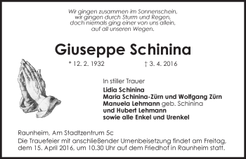 Traueranzeige von Giuseppe Schinina von  Mainspitze