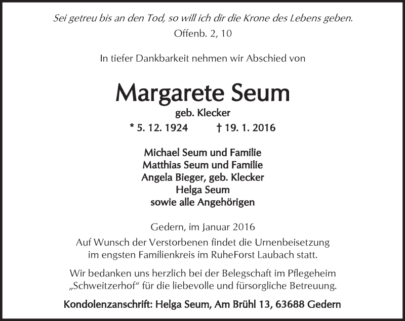 Traueranzeige für Margarete Seum vom 23.01.2016 aus  Kreisanzeiger