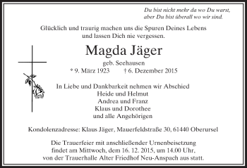 Traueranzeige von Magda Jäger von  Usinger Anzeiger