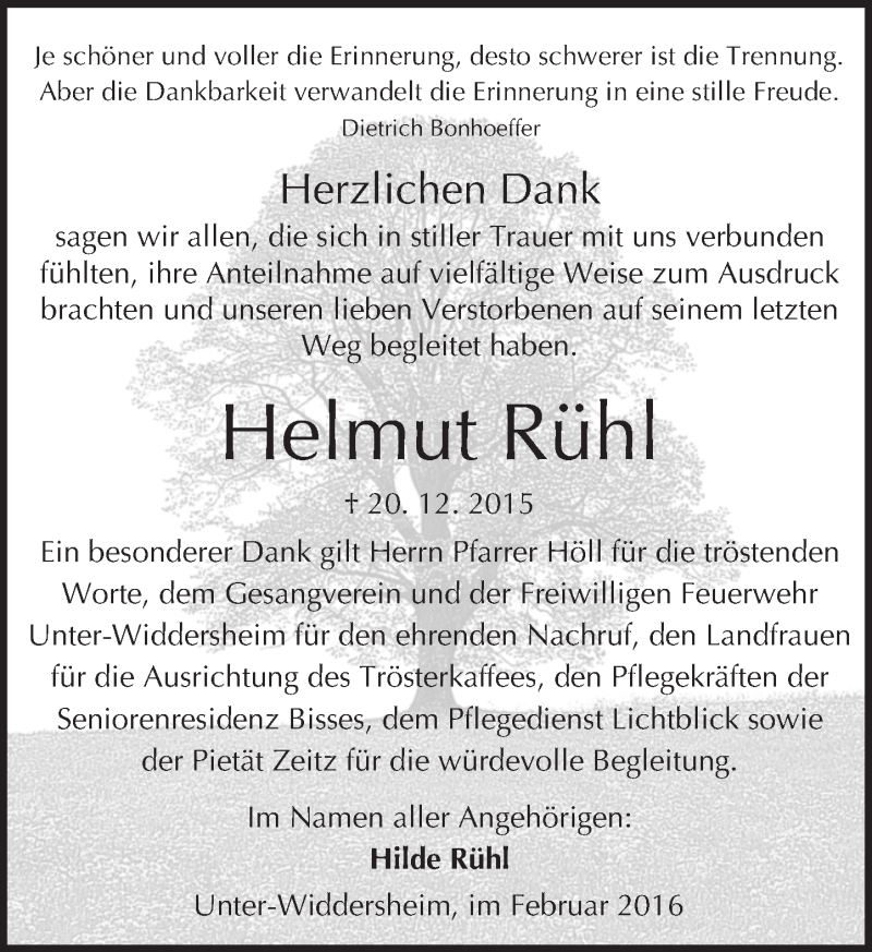  Traueranzeige für Helmut Rühl vom 06.02.2016 aus  Sonntags Anzeiger